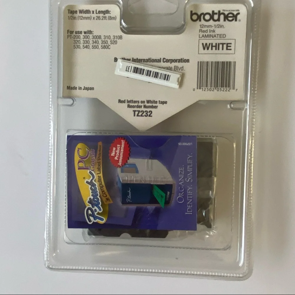 Brother P-Touch TZ-232 12mm 1/2 “ NEW Red on White Laminated Tape 26 Ft.